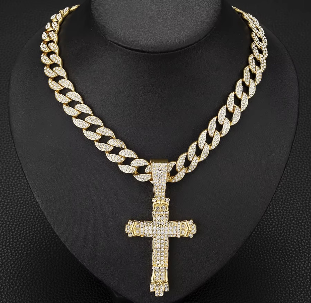 15mm Width Iced Out Miami Link Chain With Hip Hop Alloy and Bling Rhinestone Big Buckle Cross Pendant Necklace (Gold)