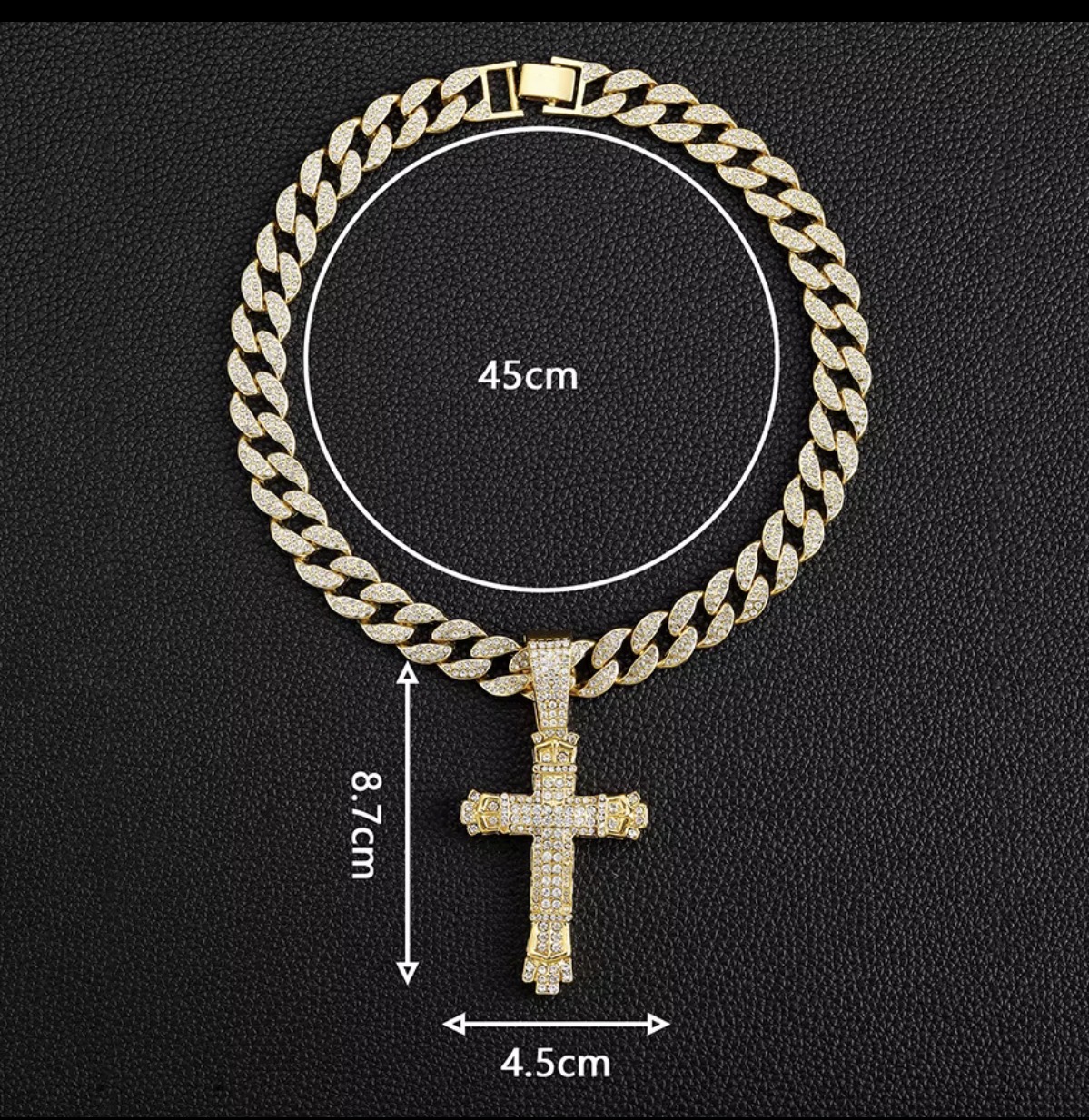 Photo from Alyssa R.'s order of 15mm Width Iced Out Miami Link Chain With Hip Hop Alloy and Bling Rhinestone Big Buckle Cross Pendant Necklace (Gold)