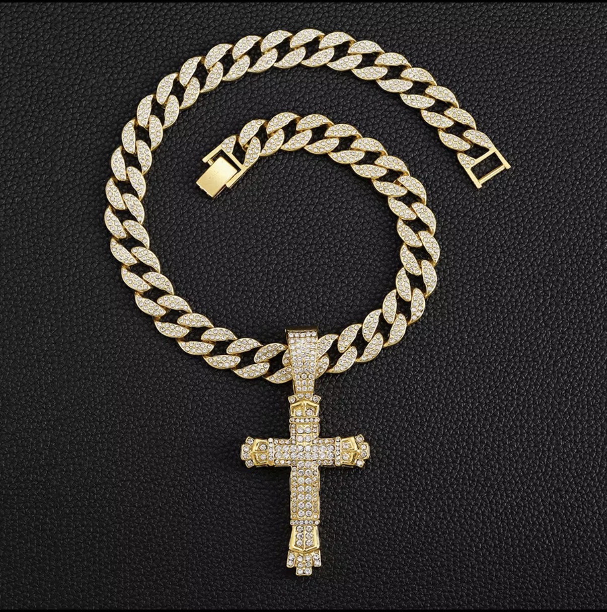 Photo from Hannah L.'s order of 15mm Width Iced Out Miami Link Chain With Hip Hop Alloy and Bling Rhinestone Big Buckle Cross Pendant Necklace (Gold)