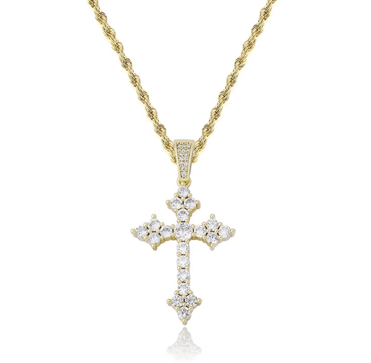 New charm Hiphop jewelry Brass gold plated bling iced out cubic zircon cross pendent necklace rope chain
