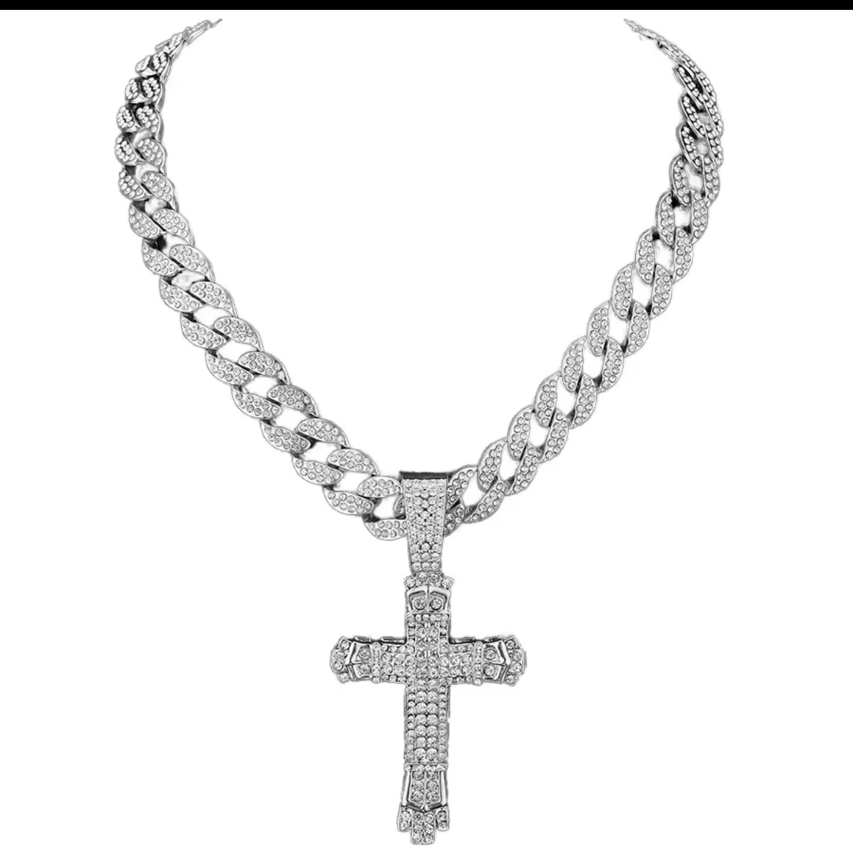 Photo from Sofia G.'s order of 15mm Width Iced Out Miami Link Chain With Hip Hop Alloy and Bling Rhinestone Big Buckle Cross Pendant Necklace (silver)
