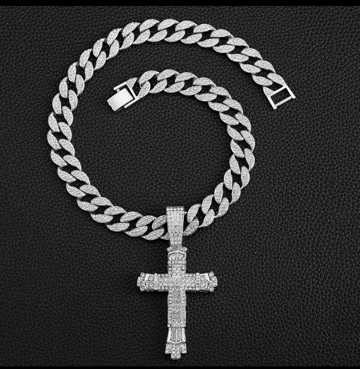 Photo from Alyssa R.'s order of 15mm Width Iced Out Miami Link Chain With Hip Hop Alloy and Bling Rhinestone Big Buckle Cross Pendant Necklace (silver)