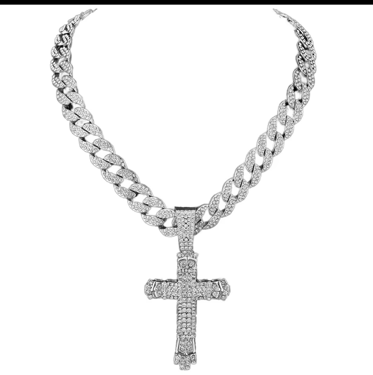 15mm Width Iced Out Miami Link Chain With Hip Hop Alloy and Bling Rhinestone Big Buckle Cross Pendant Necklace (silver)